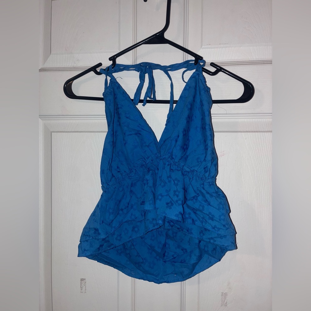 Blue Halter Neck Women's Top With Flower Print
